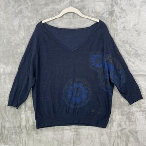 Desigual Y2K V-Neck Sweater Women's Size M/L? Navy Blue Logo 3/4 Sleeve Floral